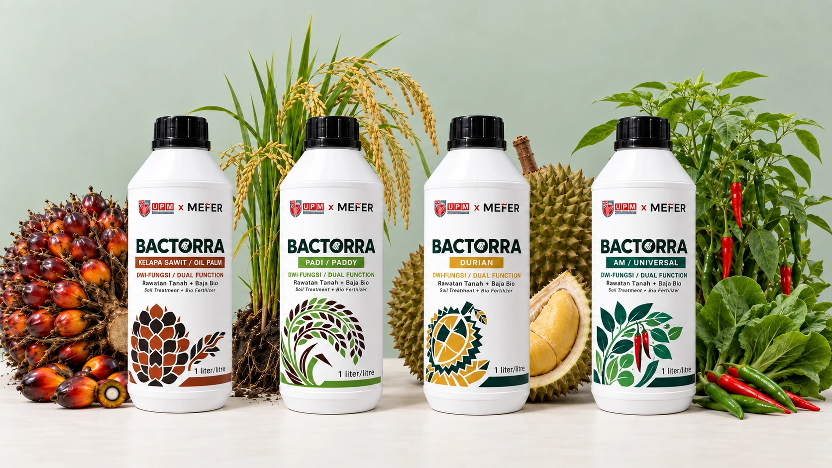 Empat botol Bactorra Sawit, Padi, Durian dan Am / Universal bersama tanaman